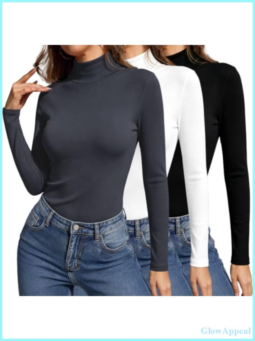 3 Pack Long Sleeve Turtleneck Tops Soft Slim Fit High Neck Basic Layering Tees